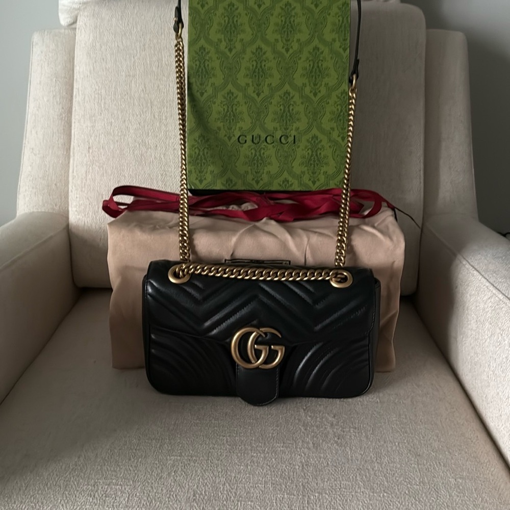 Black Quilted Shoulder Bag with Gold Chain